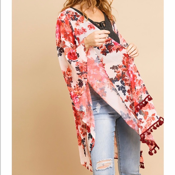 Floral Print Kimono with Tassel Trim - Picture 3 of 5